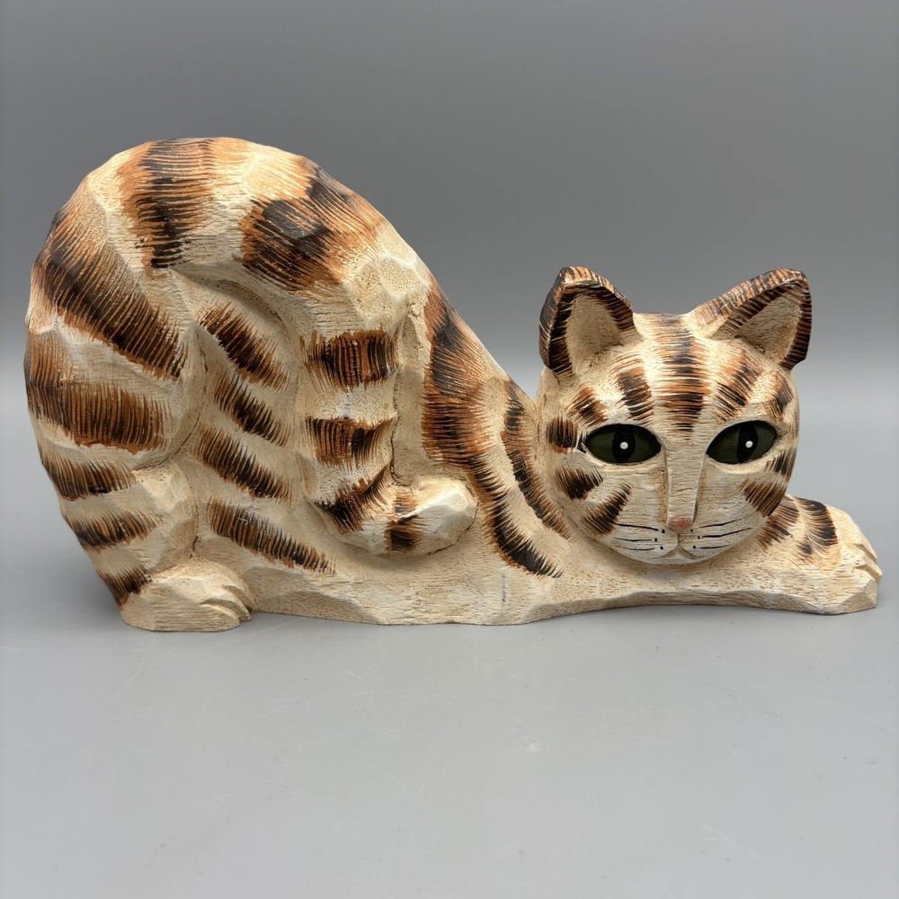 James Haddon Vintage Folk Art‎ Wood Hand Carved Tabby Cat Kitty Signed